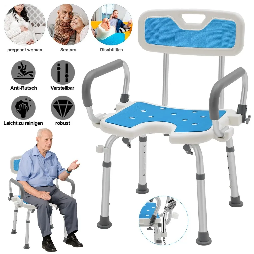 Chaise de douche réglable en hauteur pour personnes âgées, chaise de chevet avec accoudoirs et dossier, chaise de toilette et de douche