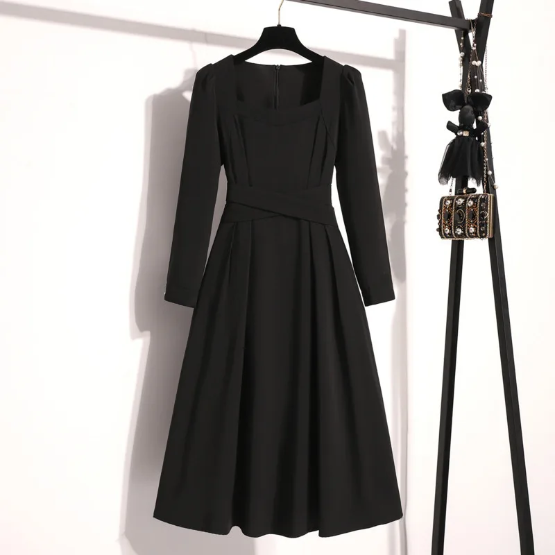 Autumn Dress For Women Fashion Casual Korea Elegant Sexy Temperament Style Dress Square Collar High Waist Dress Women Clothing