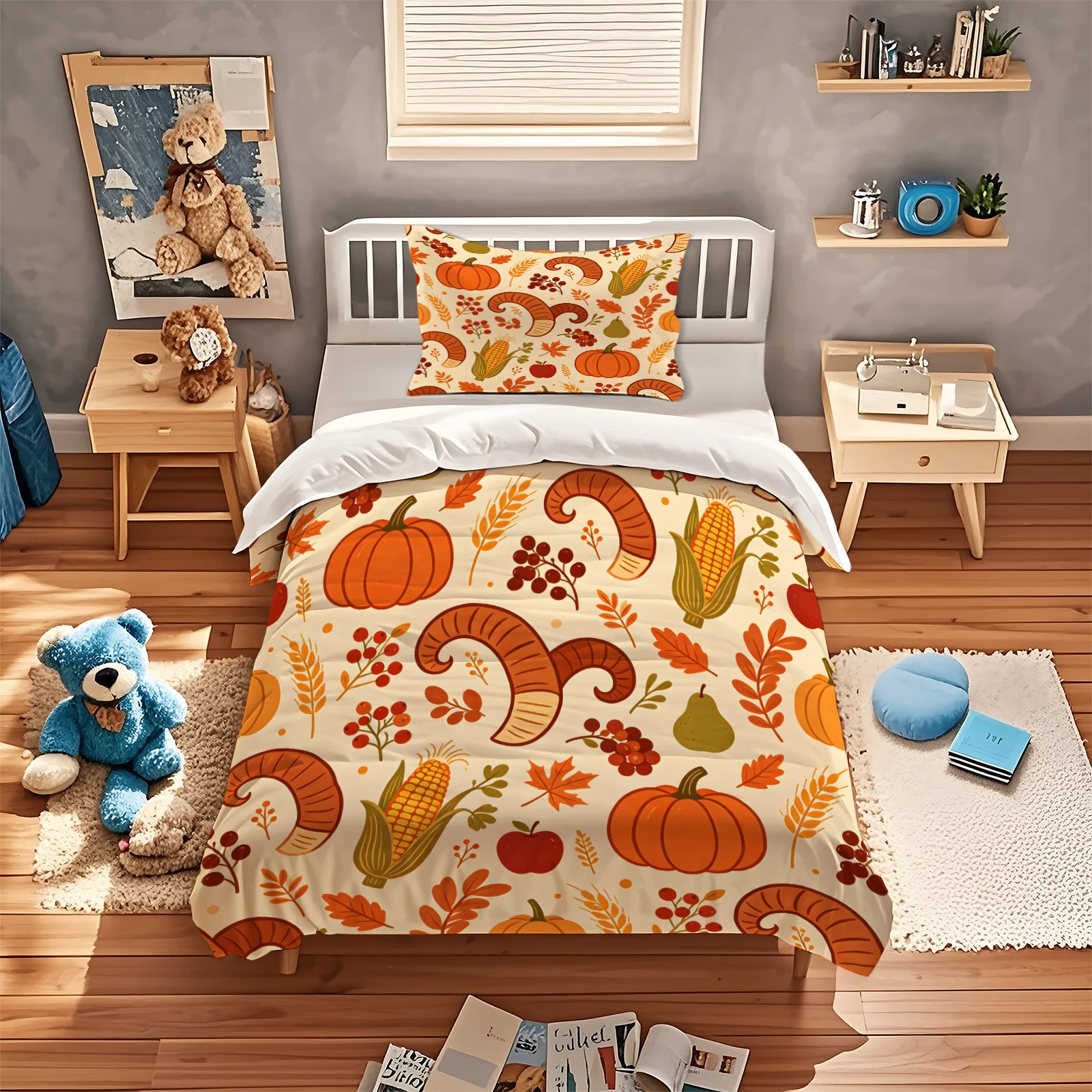 Fall Harvest Cornucopia Duvet Cover Set Thanksgiving Pumpkin Maple Leaf Print Bedding Set Soft Microfiber Quilt Cover Pillowcase