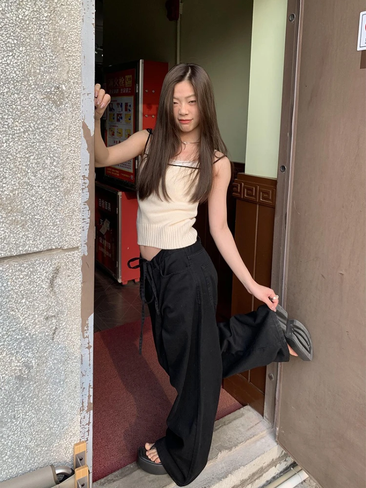 

Повседневные мешковатые джинсы в американском стиле ретро, женские летние уличные брюки с широкими штанинами, корейские модные универсальные джинсы на шнурке в стиле Харадзюку