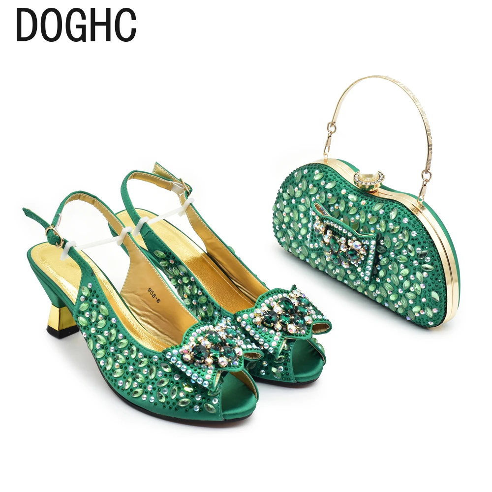 

Fashion Green Color Italian Shoe and Bag Set for Party in Women Ladies Wedding Shoes with Matching Bag Decorated with Rhinestone