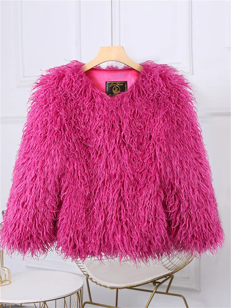 New Winter Female Fluffy Faux Fox Fur Jacket Overcoat Loose Luxury Long Sleeve High Waist Patchwork Coat Women's Outwear 2025