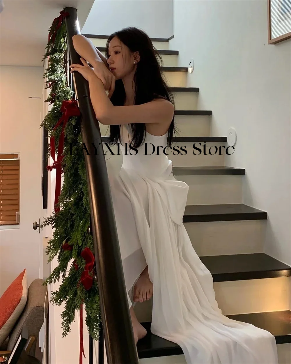 فساتين زفاف بسيطة بدون حمالات كوريا مطوي من الساتان الناعم لالتقاط الصور بطول الأرض فساتين زفاف مخصصة للحفلات المسائية #4