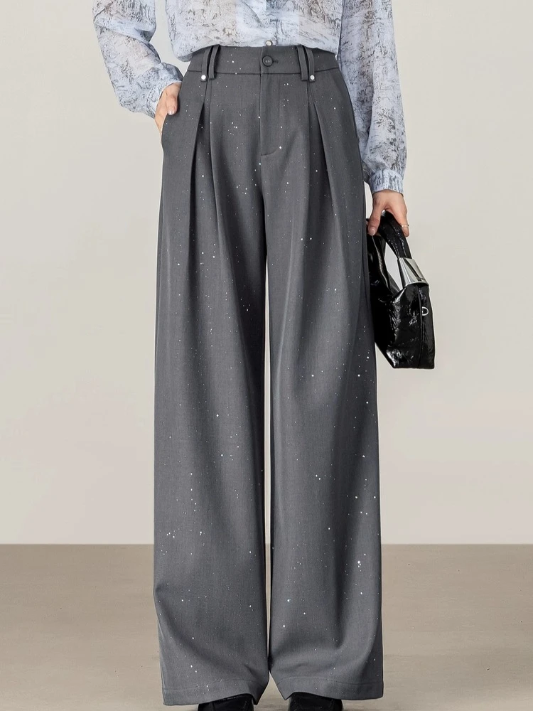 

SENTUBILA Woman Wide Leg Pants 2025 Autumn Fashion Commute Gray Shimmering Sequin Loose Pants Casual Full-length Pants 153K80519
