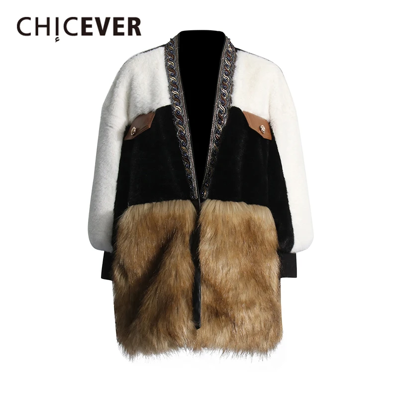 

CHICEVER Hit Color Patchwork Fur Coats For Women V Neck Long Sleeve High Waist Coverd Button Chic Coats Female Winter Clothing