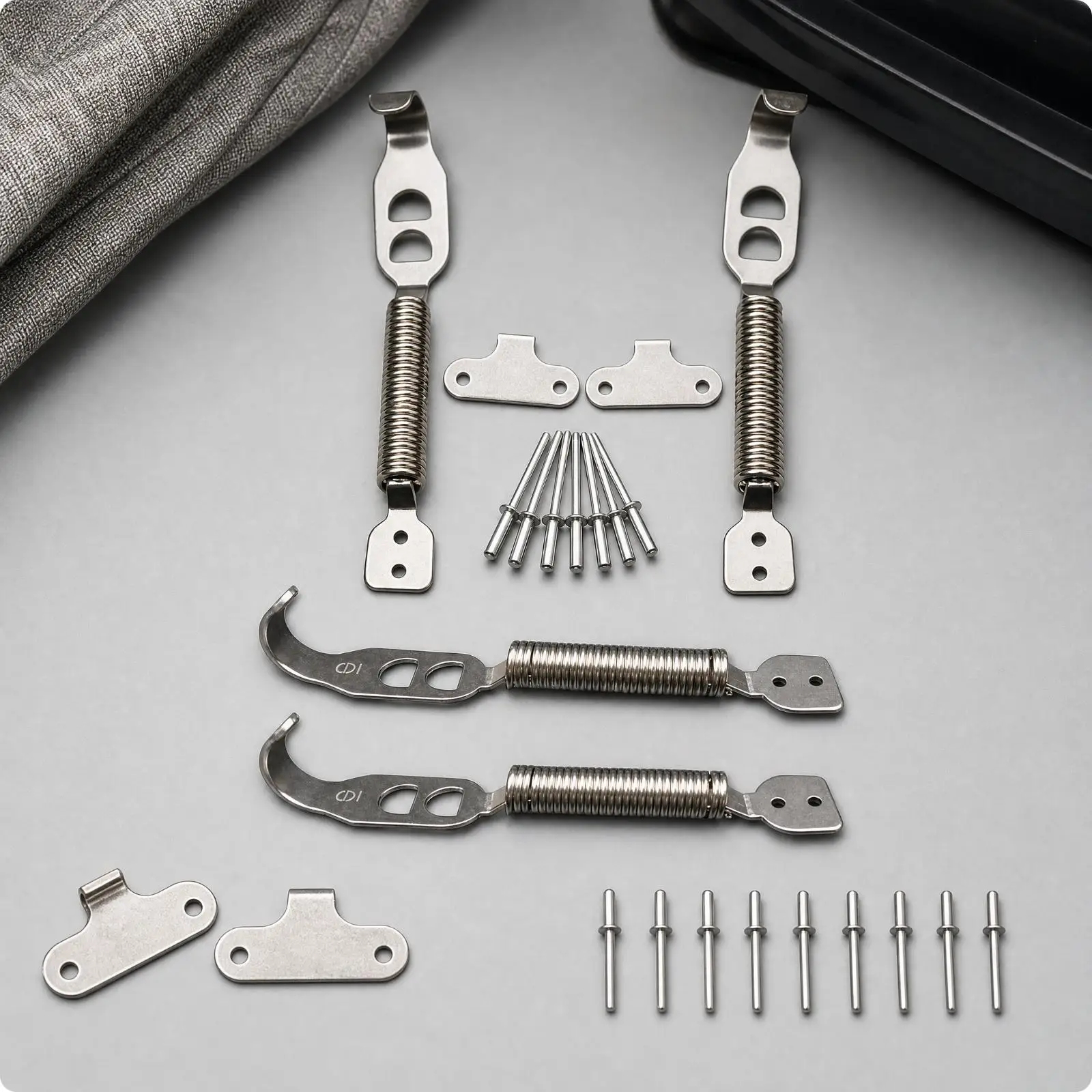Stainless Steel Car Trunk Hook with Spring Tension for Securing Items in Vehicle Trunk Mounting Plate with Rivets Included