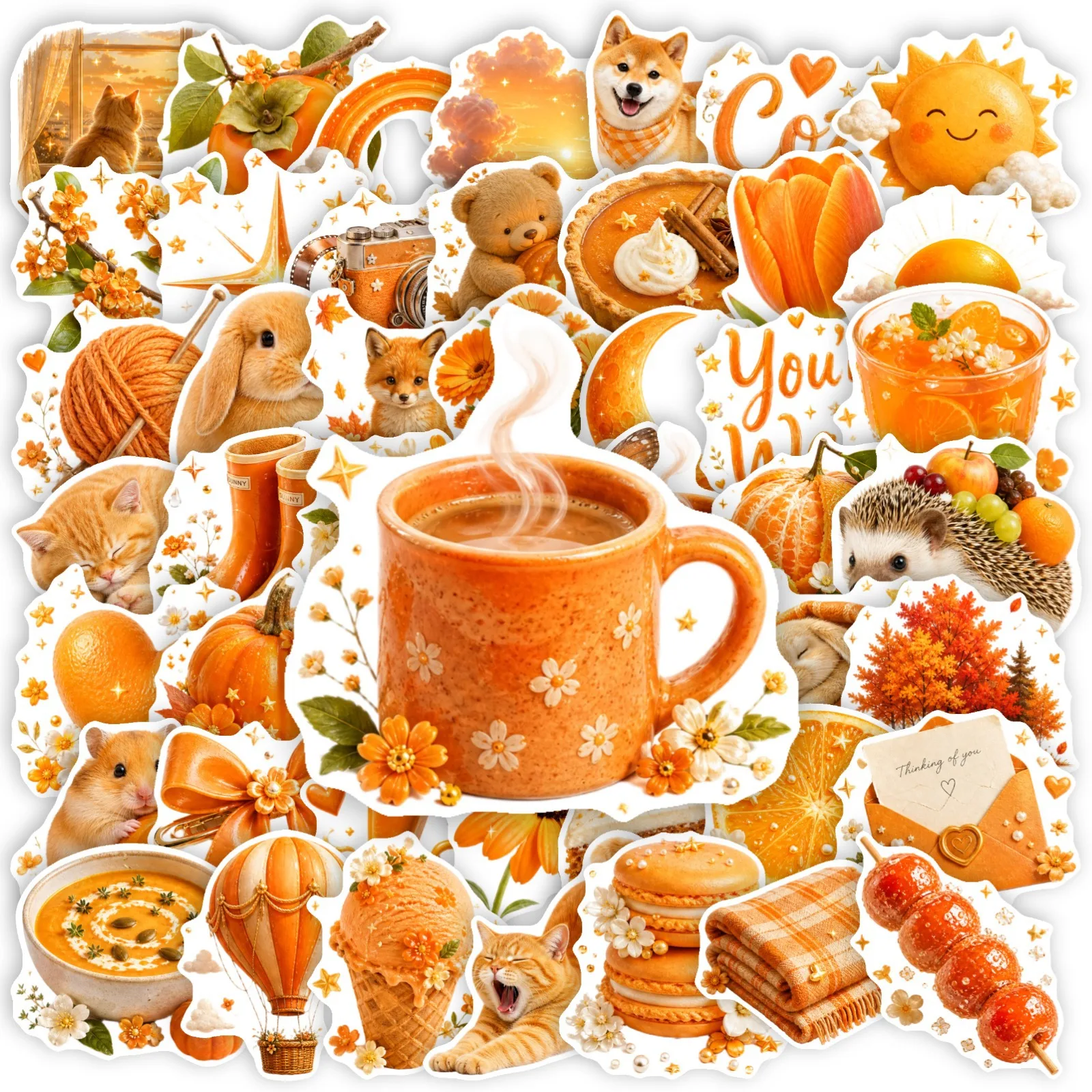 50 Pcs Warm Orange Cartoon Heart Floral Stickers Waterproof Vinyl Decals for Laptop Phone Case Journal Gift