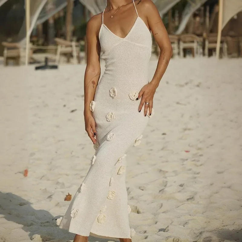 

Sexy Women 3D Floral Knit Party Dress Elegant Chic Spaghetti Strap V Neck High Waist Corset Backless Vacation Beach Dress