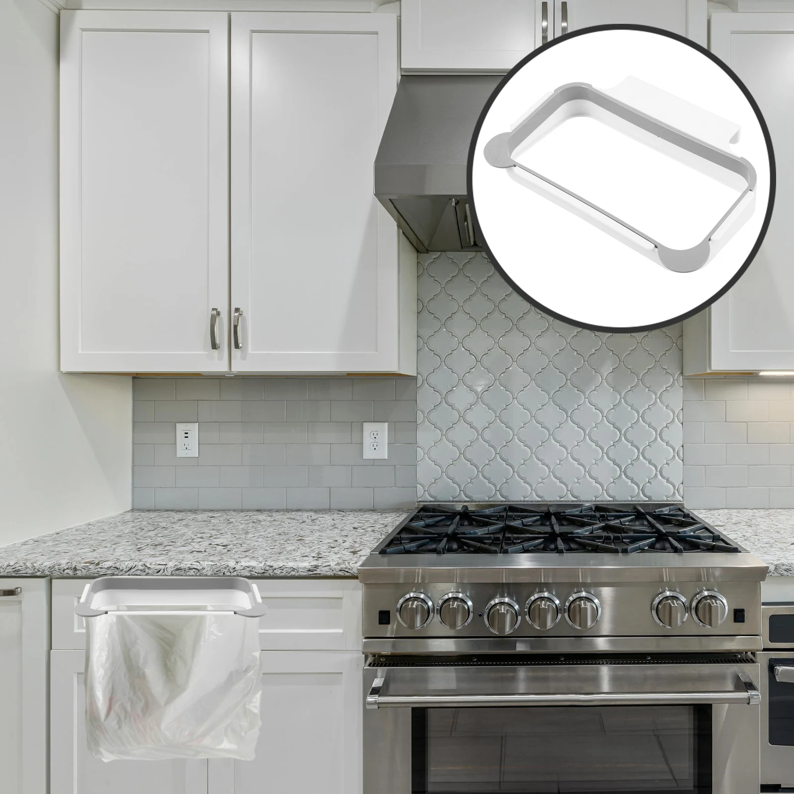 

Grey Hanging Trash Bag Holder No Drill Reusable Rack For Kitchen Cabinet Drawer Organizer Garbage Grocery Bags Storage Easy