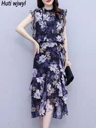 2024 Summer Casual Chic Ruffled Cake Skirt Women Elegant Fashion Bodycon Prom Night Long Vestido Vintage Floral Party Midi Dress