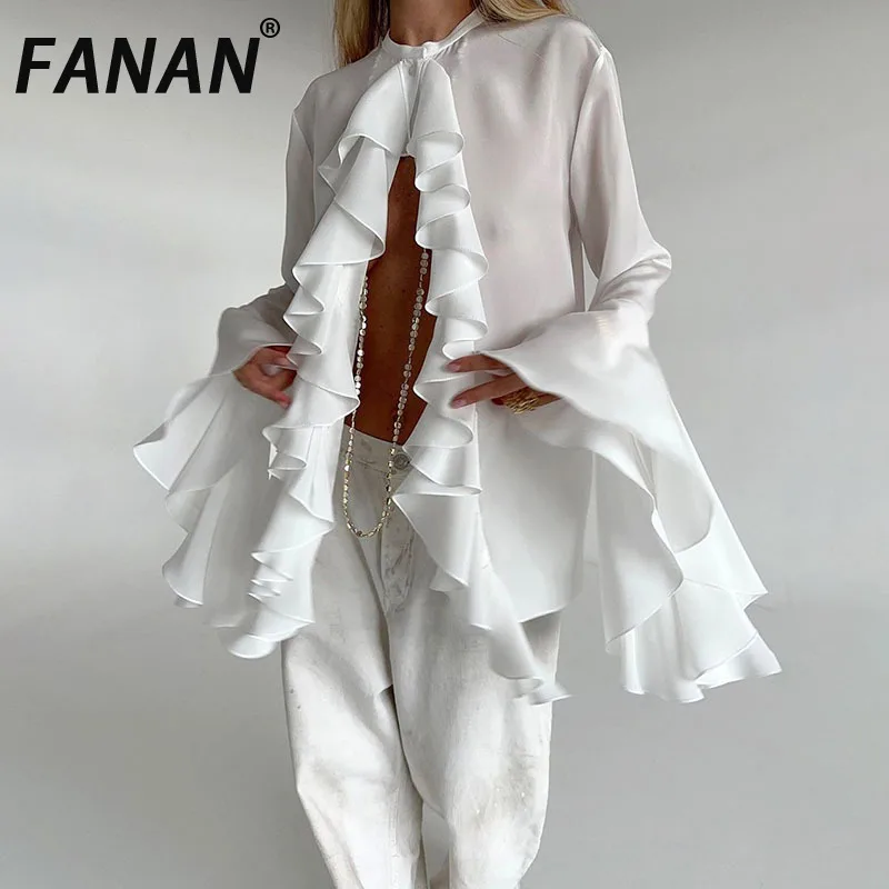 

FANAN Irregular Designer Chiffon Shirt For Women Round Neck Flare Sleeve Spliced Ruffles Temperament Blouse Female Fashion Style