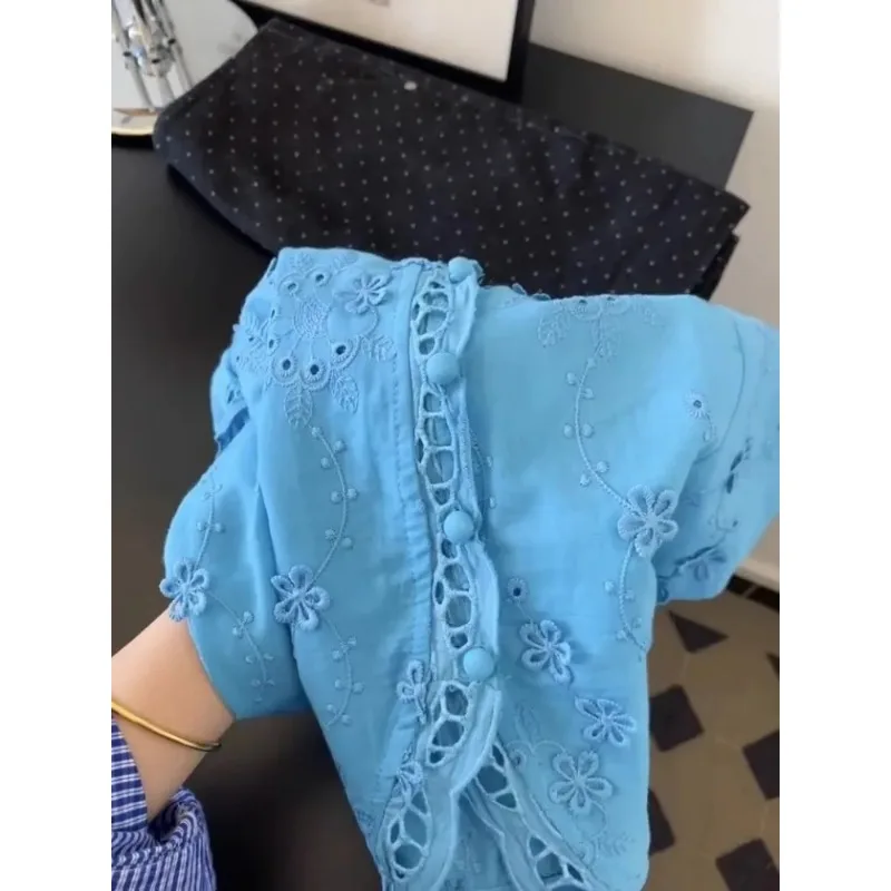 Womens Light Blue Floral Embroidery Blouse Hollow Out Lace Detail Puff Sleeve Casual Top