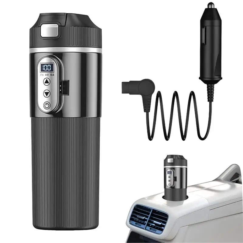 Portable Car Heating Cup 12V/24V Stainless Steel Heated Mug Vehicle Coffee Cup Car Hot Water Boiler for Driving Camping Outdoor