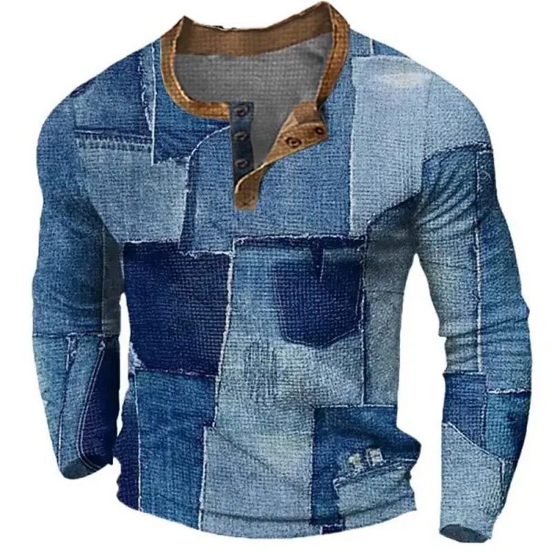 

3D Print Fake Denim Fabric Henley T-Shirts For Men Funny Creative Design Long Sleeve Pullover Autumn Outdoor Street Fashion Tops