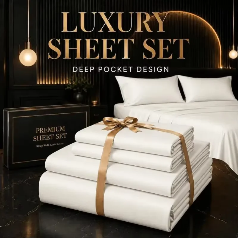 3/4pcs Bamboo Cooling Bed Sheet Set with Pillowcases, 16' Deep Pockets Soft Breathable Fitted Sheet, Queen King Size Bed Sheets, Bedroom Home Decor Bedding for Daily Use