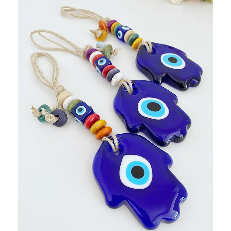 

Fatima Handmade Glass Blue Turkish Evil Eye Pendant Keychain Wall Hanging Decoration for Home Living Room Car Lucky Blessing