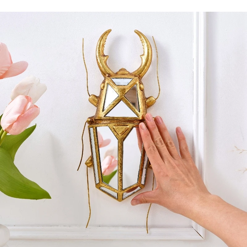 Golden Insect Mirror Insect Beetle Resin Handicraft Mirror Pendant Wall Decoration Mirror Wall Hanging Centipede Room Decor