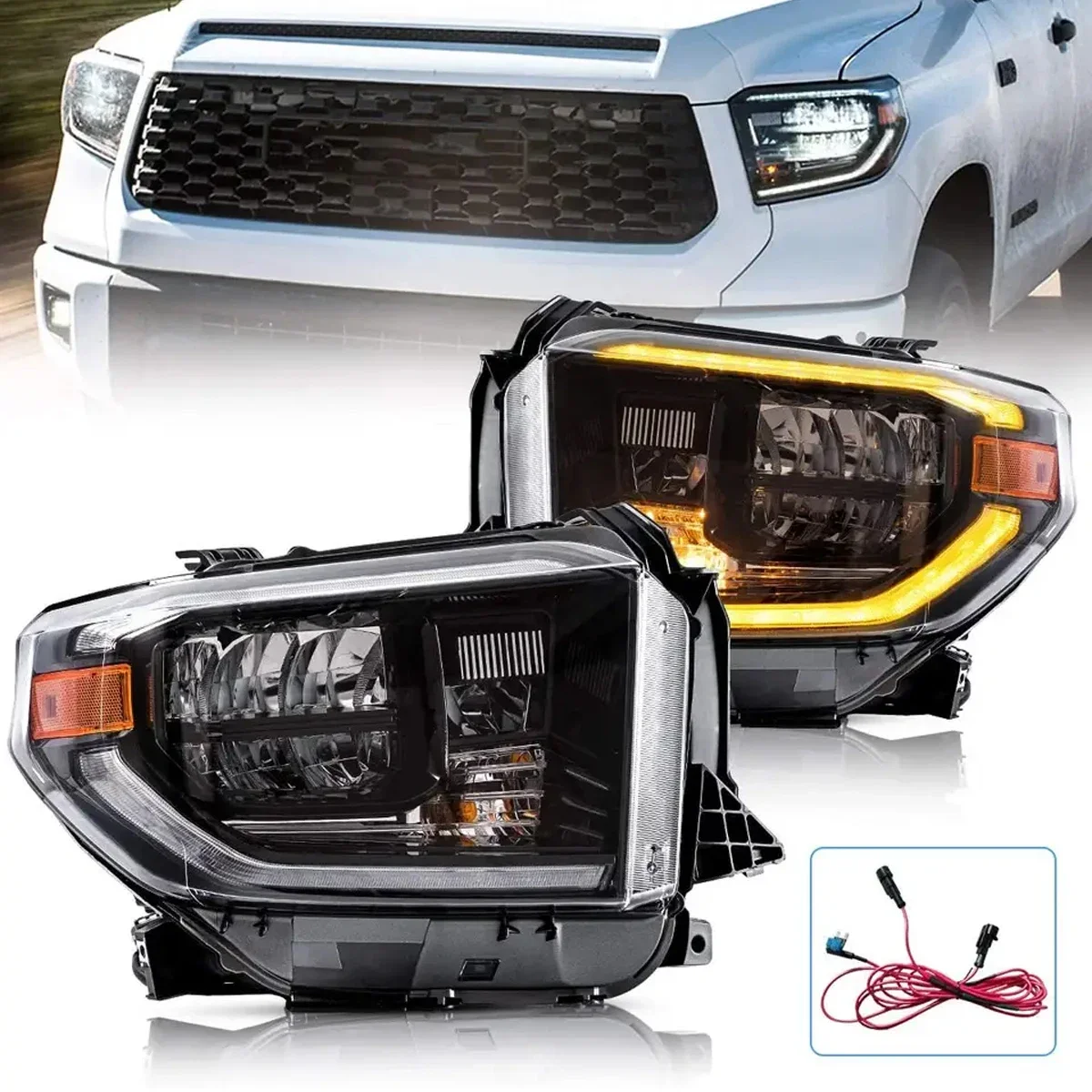 

Автомобильные аксессуары, светодиодные фары в сборе для 2018 2019 2020, Toyota Tundra, пикап, дымовые лампы, фары, последовательный сигнал поворота