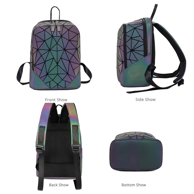 New Luminous bag Women Backpack 3 Pcs Set Laptop Backpacks Student School Bags Holographic Purse Geometric Bagpack Bag Mochila