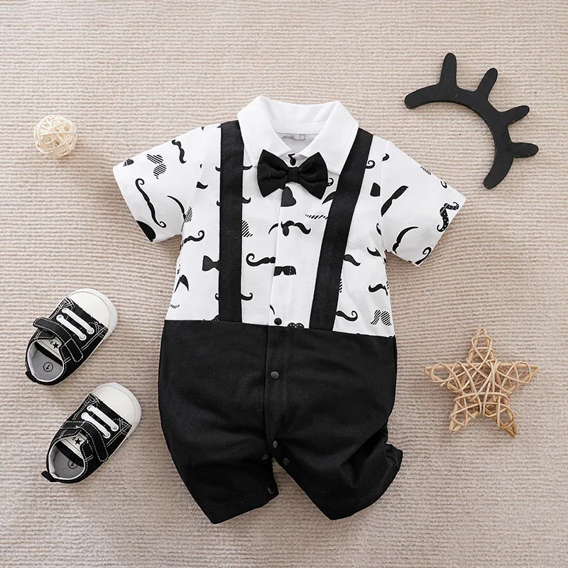 Newborn Baby Boy Toddler Clothing Jumpsuit Casual Cute Cartoon Fake Shoulder Strap Mustache Summer Black Short Sleeved Jumpsuit