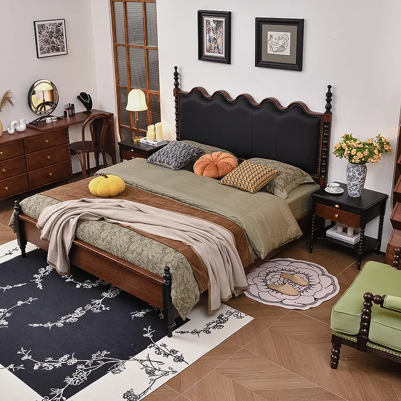 Retro ripple  solid wood  1.8 meters master bedroom queen  high-end leather bed