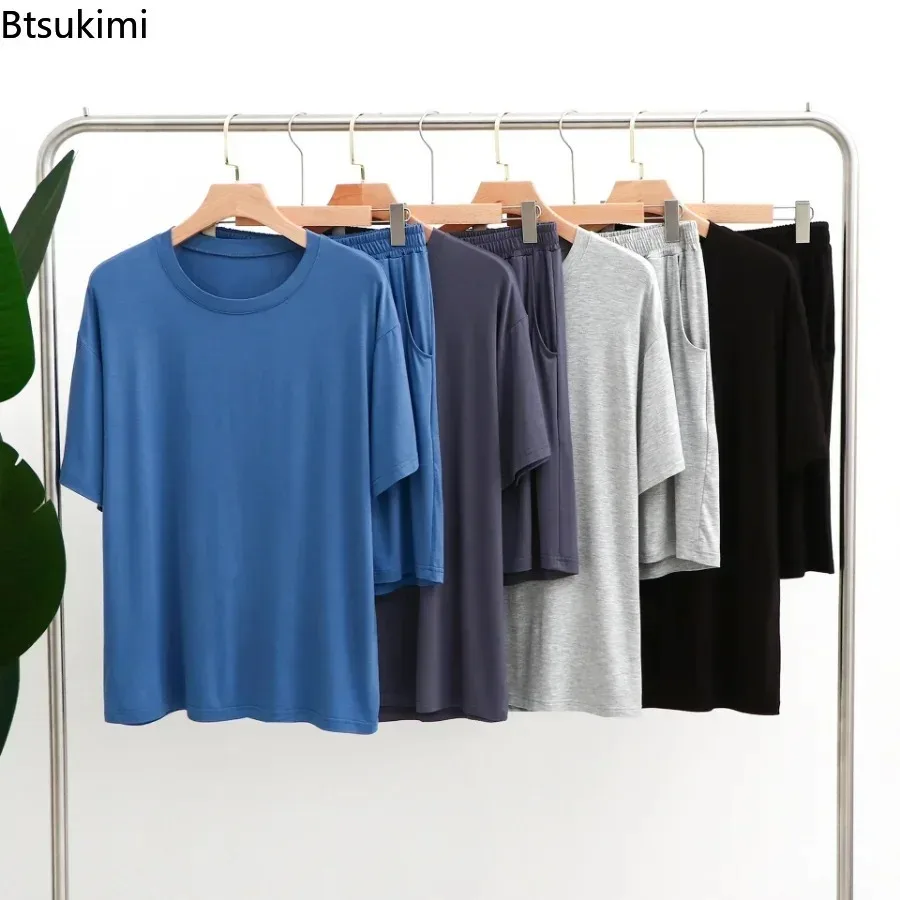 

2026 Men's Summer Modal Pajamas Casual Short Sleeved Top and Shorts Sets Home Wear Loungewear Color Matching Nightwear Home Suit