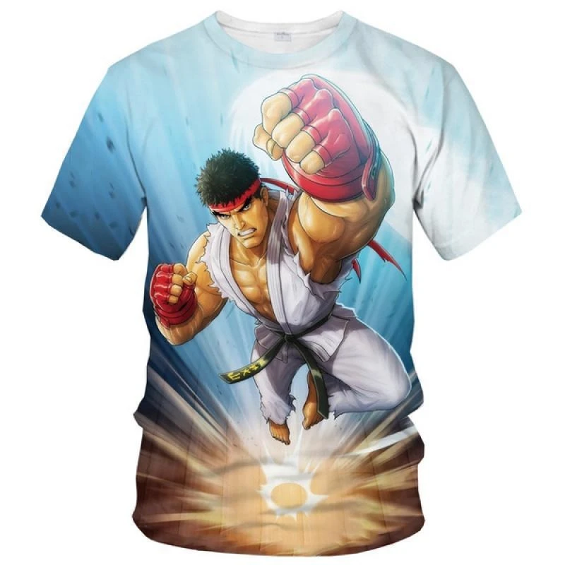 Summer Hot Sale Street Fighter Kids Fashion Slim Cartoon All Over Print O-Neck Short Sleeve Tees 2-13 Years Boys Girls Tops