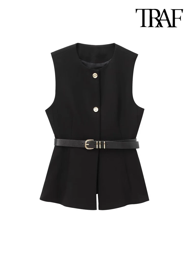 TRAF-Women's Long Waistcoat with Belt, Front Gold Button, O Neck Sleeveless Vest, Female Outerwear, Chic Tops, Fashion