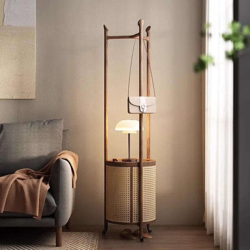 Solid Wood Floor to Ceiling Hanging Coat Rack Black Walnut Bedroom Door Hanger with Removable Rattan Laundry Basket Household