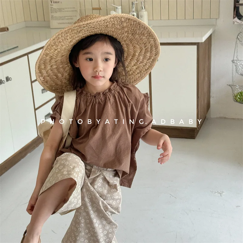 

2025 Summer New Girls Sleeveless Pleated Shirts Solid Baby Fashion Versatile Children Loose Cotton T Shirts Kids Casual Tops