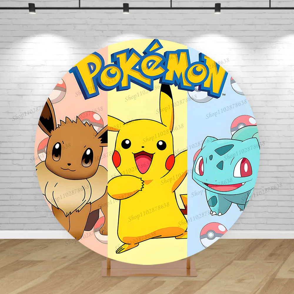 

Pokemon Backdrops Birthday Party Decorations Round Cover Boys 1st Background Red Yellow Ash Pikachu Jynect Props Poster Banner