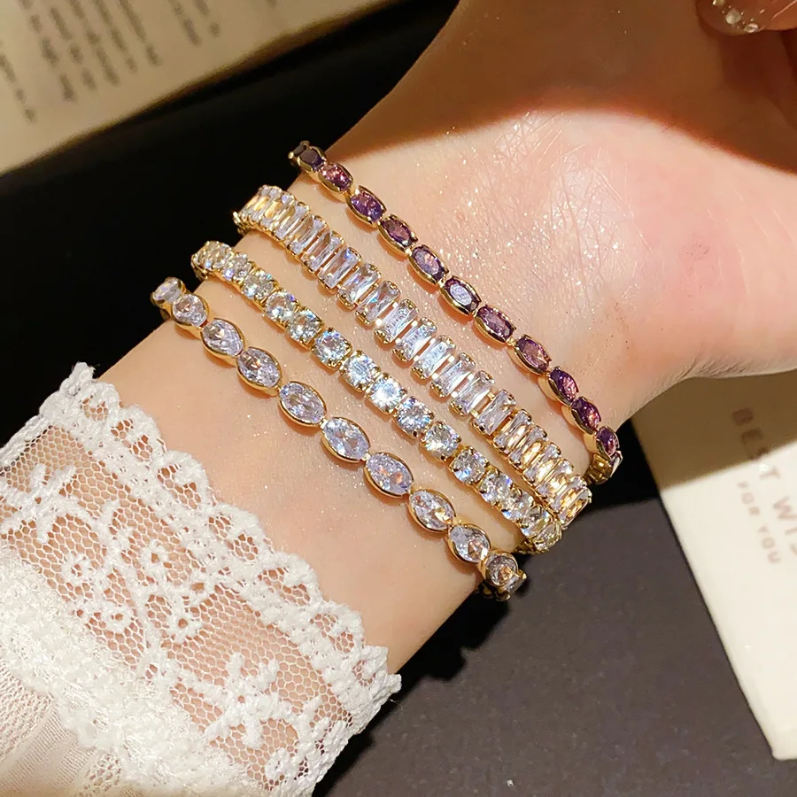 Shinning Cubic Zirconia Crystal Bracelet Chain for Women Gold Color Plated Copper Jewelry