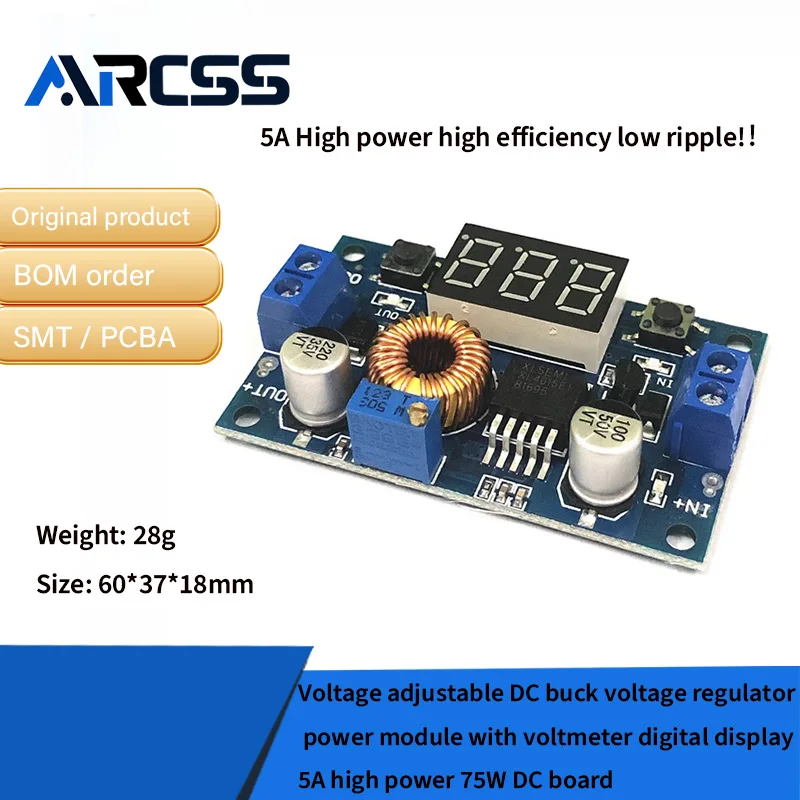 وحدة طاقة منظم جهد تيار مستمر قابلة للتعديل مع شاشة ديجيتال الفولتميتر 5A عالية الطاقة 75 وات لوحة تيار مستمر