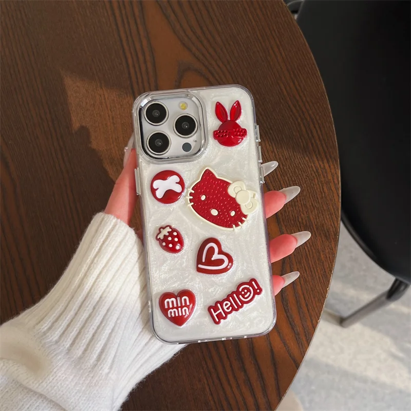 

Cute Strawberry Love Heart Hello Kitty Rabbit Cartoon Phone Case For iPhone 13 14 15 16 Pro Max 3D 3D KT Doll Protect Cover