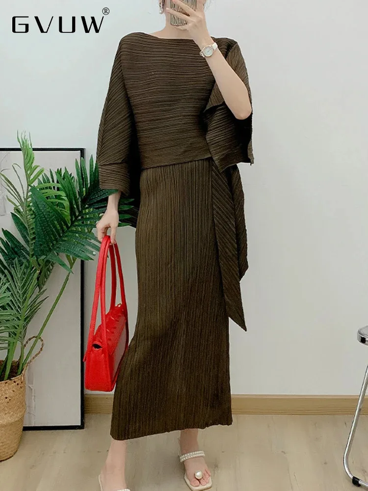 GVUW Fashion Pleated Two Piece Set For Women Solid Color Irregular Shawl + Long Loose Dress 2024 Spring New Female 17G2476