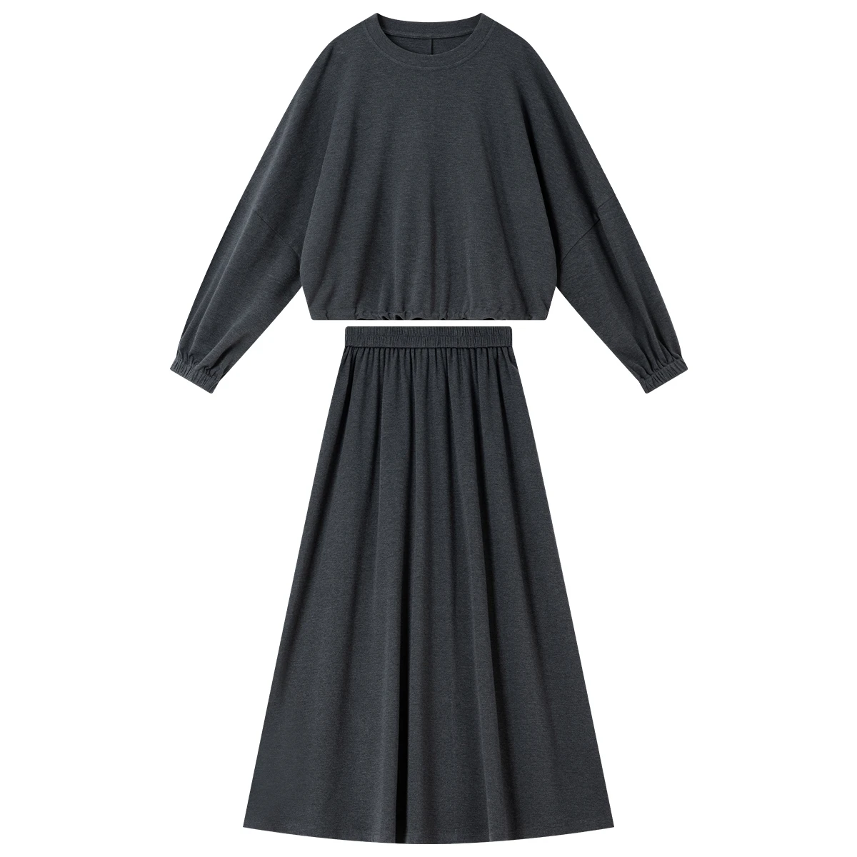 VIMLY Dark Gray Knit Two Piece Set 2026 Autumn Women Round Neck Top High Waist A-line Long Skirt Commuter Matching Outfit A0097 image 6