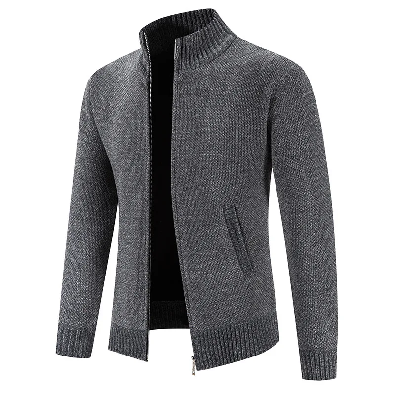 Neue Herbst Winter Pullover Männer Fleece Strickjacke Warme Gestrickte Sweatercoat Herren Solide Stehkragen Zipper Schlank Strickwaren Mantel