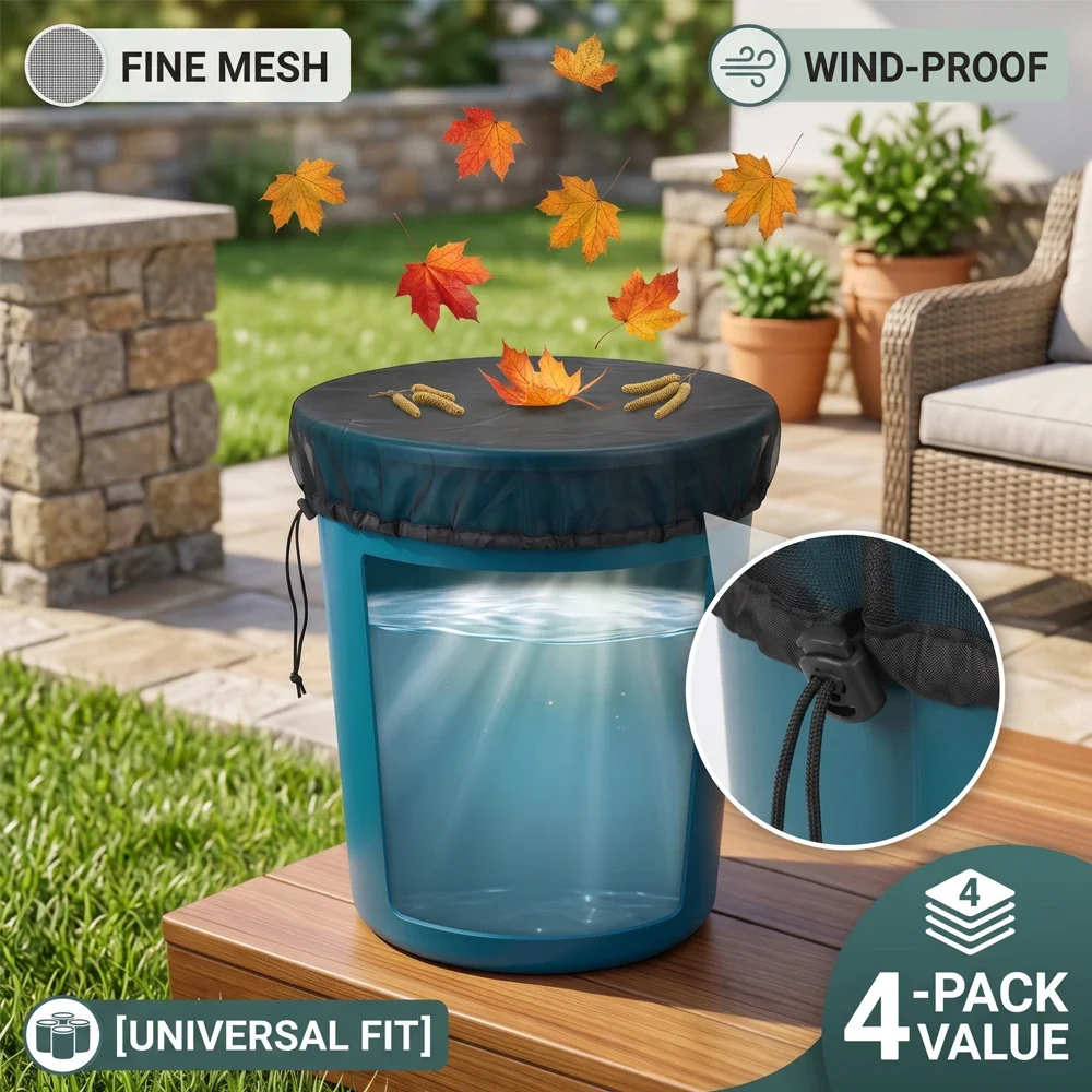 4Pcs Rain Barrel Net Cover Fine Mesh Water Collection Bucket Screen Windproof Drawstring Protector for Outdoor Backyard Garden