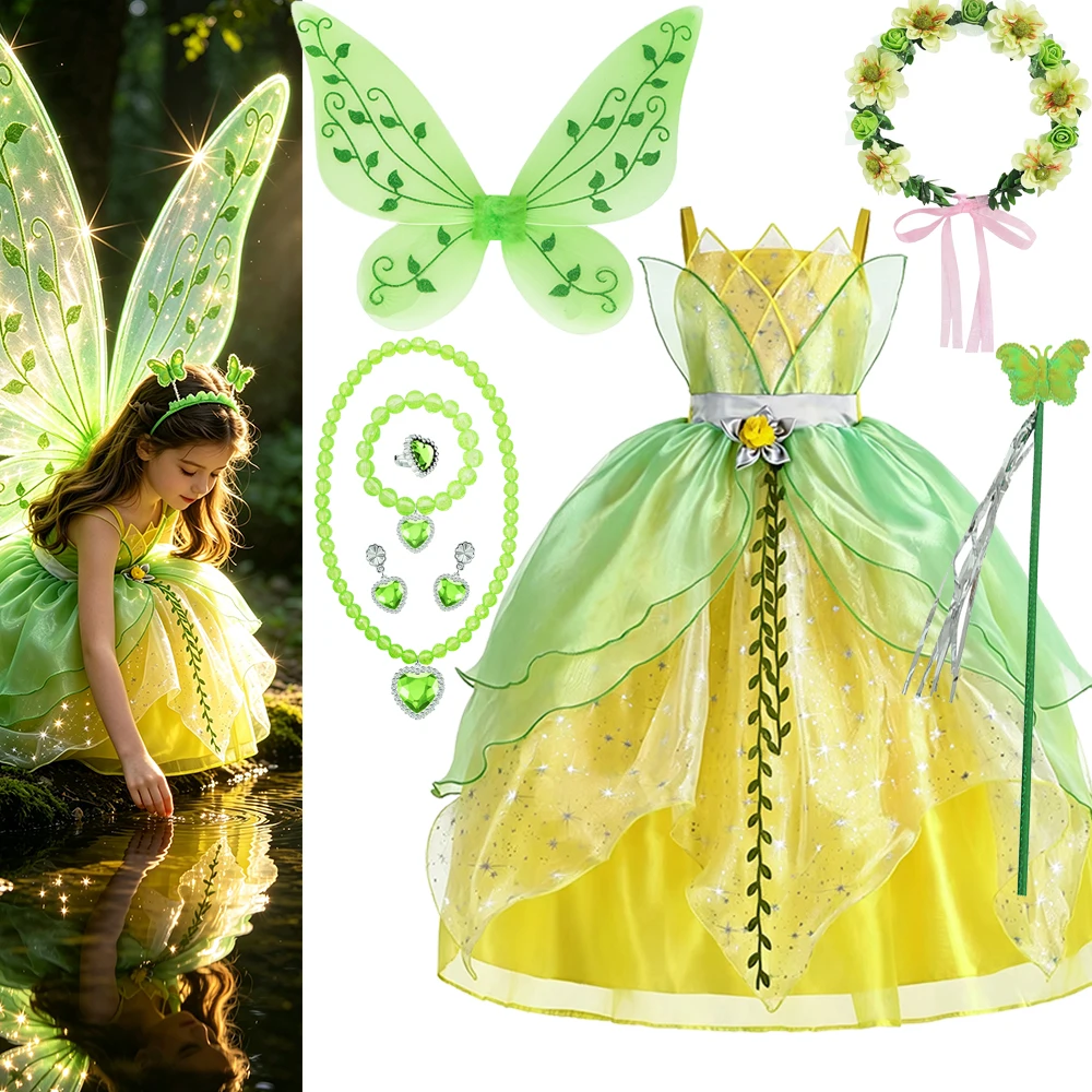 Girls Tiana Costume Fairy Tale Fancy Princess and Frog Costume Play Summer Girls Suspender Dress Carnival Children Royal Frocks