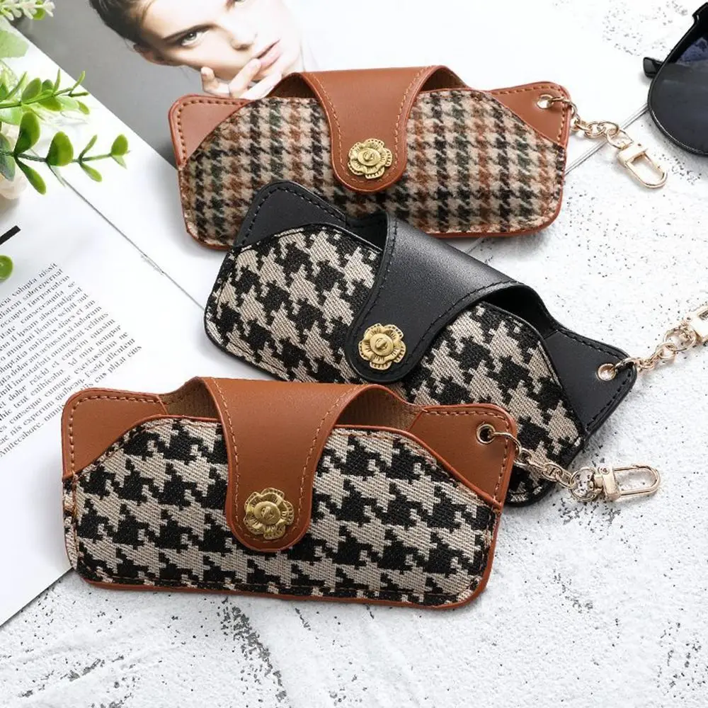 Fashion Leather Hanging Buckle Glasses Box Portable Houndstooth Glasses Storage Travel Sunglasses Pouch Eyewear Protector Case