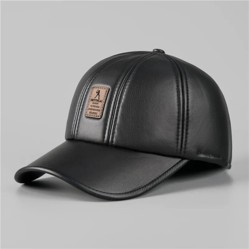 Middle-aged and Elderly Men Fashion Leather Baseball Cap Winter Warm and Cold Cap Outdoor Leisure Ear Protection Rebound Cap