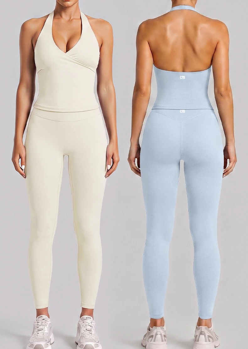 C-B Women 2 Piece Workout Yoga Set Halter V Neck Tank Top Naked Feel High Waist Butt Lifting Leggings Gym Fitness Outfit