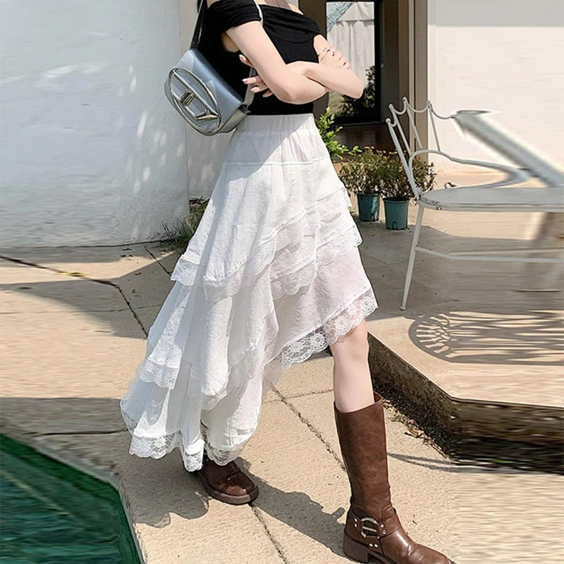 

Sweet and Irregular Half Length Skirt for Women 2025 Summer New Collection Solid Color Elastic High Waisted Lace Long Skirt