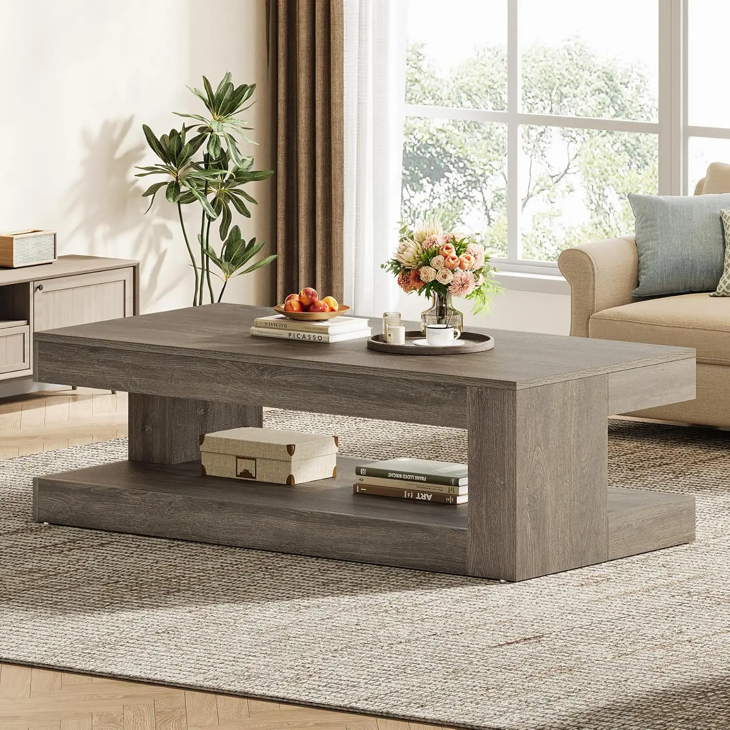 

2-Tier Coffee Table Farmhouse Rectangular Storage Living Room 47in Grey, Customized