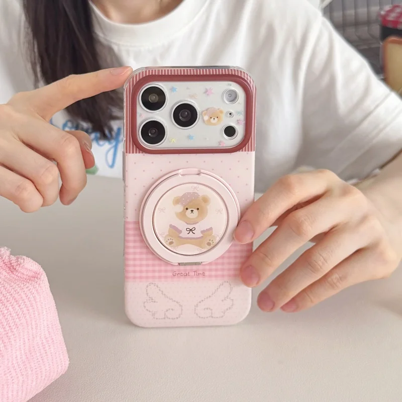

Fashion Cute Polka Dots Bear Wings Phone Case For iPhone 17 Pro 16 15 14 Pro Max Back Cover with Holder Shockproof Protective Ca