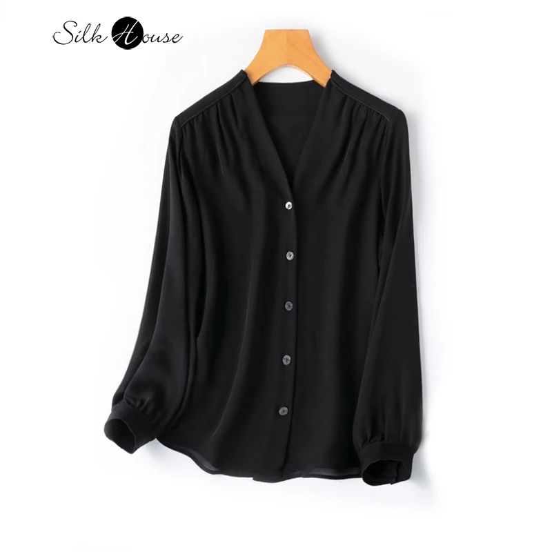 2024 Women's Fashion Spring New Black Single Layered V-neck Single Breasted Double Qiao Natural Mulberry Silk Top