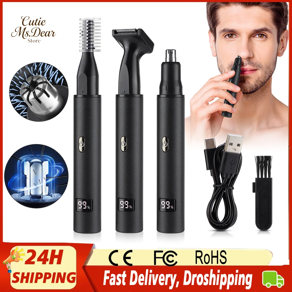 

Электрический триммер для волос в носу и ушах 3 в 1, светодиодный дисплей, безболезненные бакенбарды, перезаряжаемый через USB, для бровей для мужчин, легко очищаемый