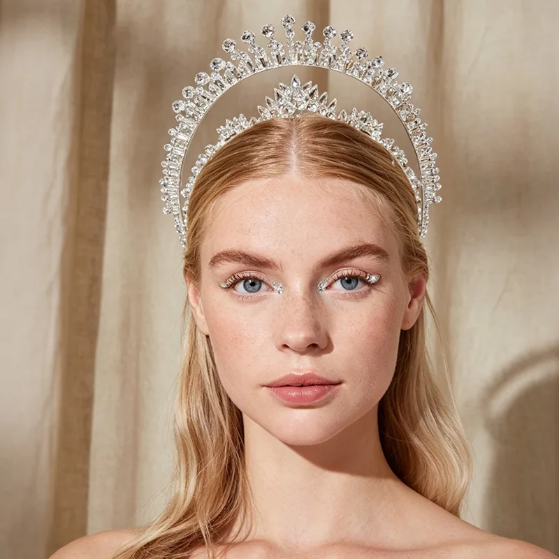 

Light luxury rhinestone double crown headband girl wedding dress dinner headgear adult ceremony crown wholesale headwear