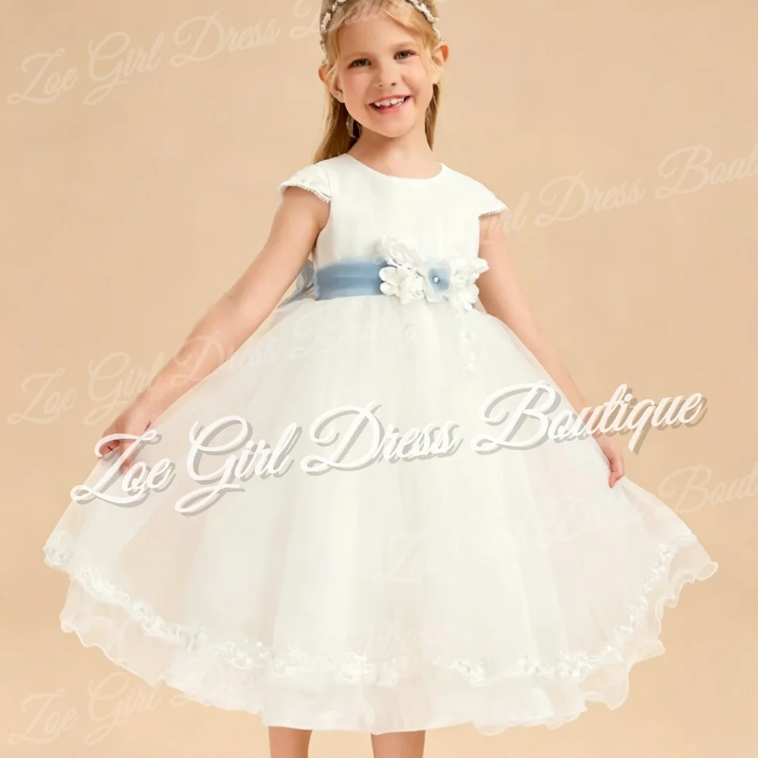Customized Ivory Floral Lace Cap Sleeve Sash Bow Flower Girl Dress Kids Wedding Birthday Party First Holy Communion Gowns
