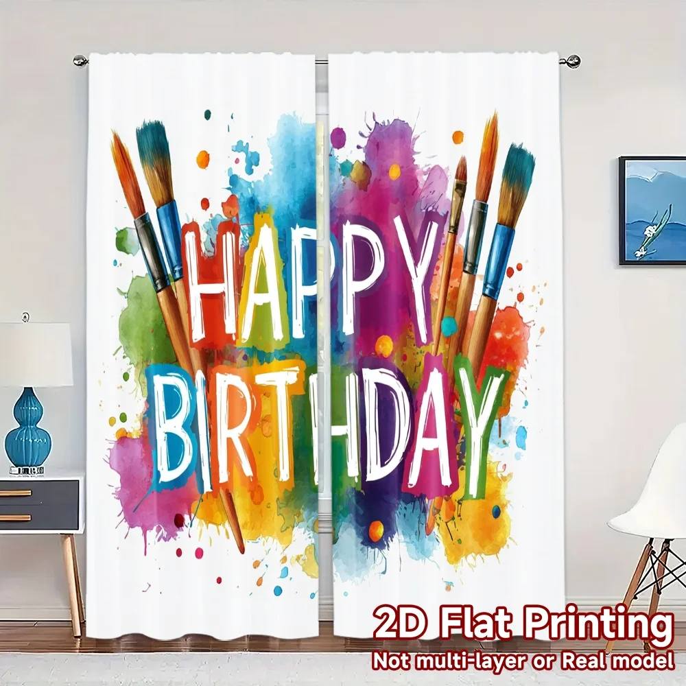 2pcs, 2D FLAT PRINTING Curtains (Without Rod) BirthdayPalette Fashionable Chic Curtains Versatile 100% Polyester Curtains